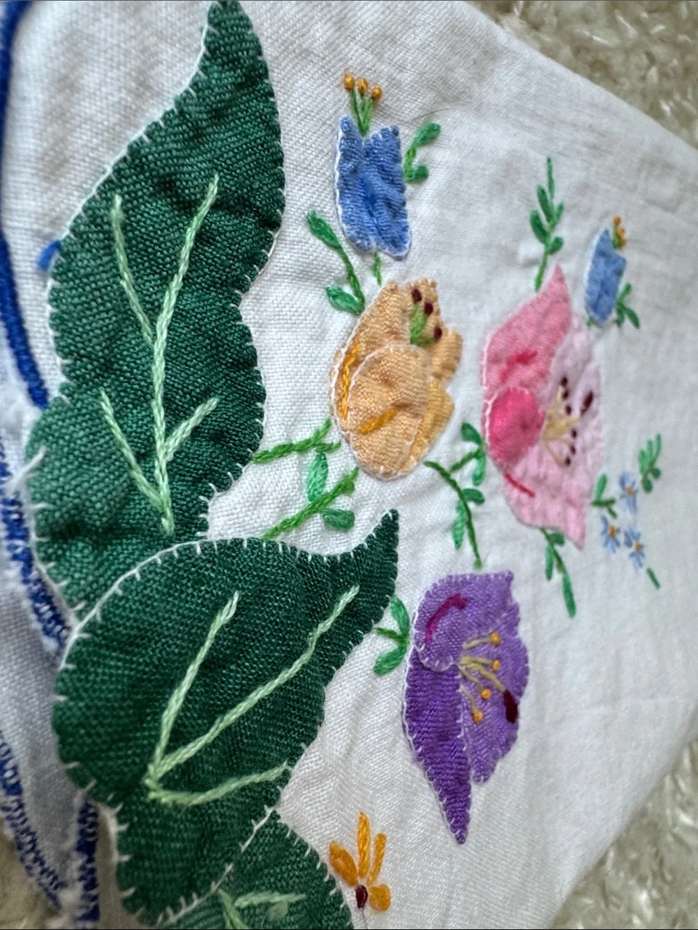 100% Cotton Embroidered Floral scalloped Tea Towel - Pink, Purple, Yellow, Green